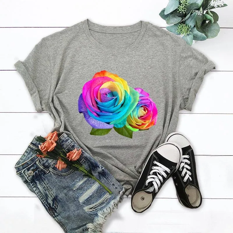Summer Cotton Women T Shirt 5XL Plus Size Colorful Flower Print Short Sleeve Women Tees Shirt Top Casual O-Neck Female TShirt