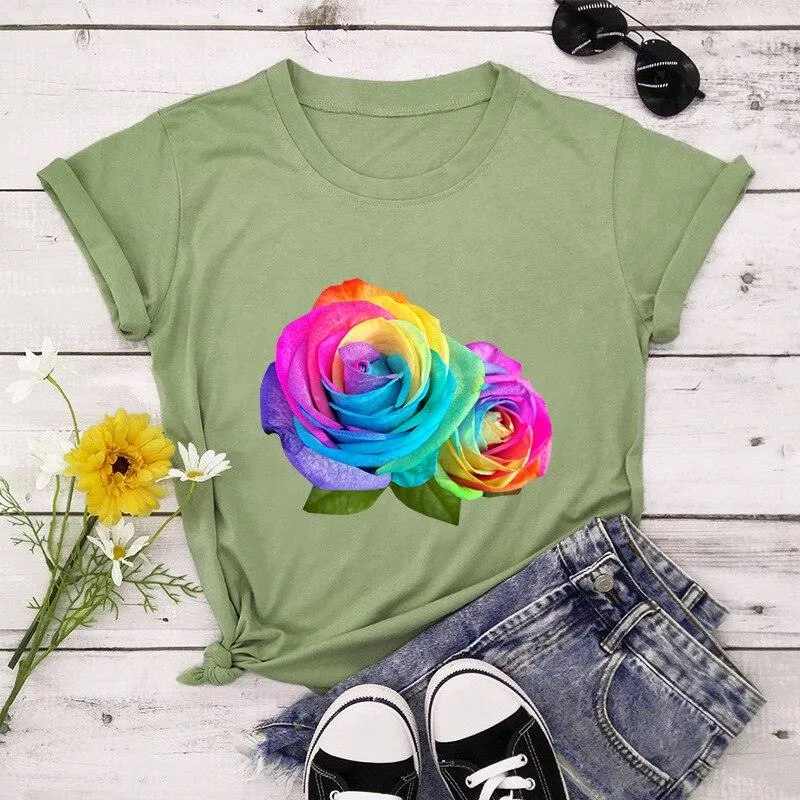 Summer Cotton Women T Shirt 5XL Plus Size Colorful Flower Print Short Sleeve Women Tees Shirt Top Casual O-Neck Female TShirt