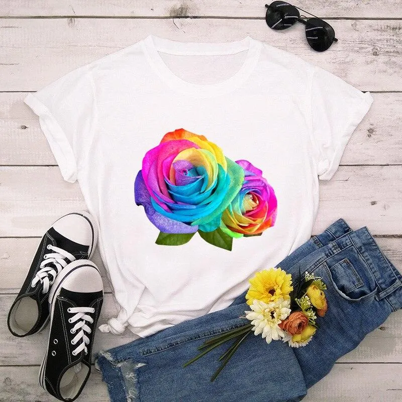 Summer Cotton Women T Shirt 5XL Plus Size Colorful Flower Print Short Sleeve Women Tees Shirt Top Casual O-Neck Female TShirt