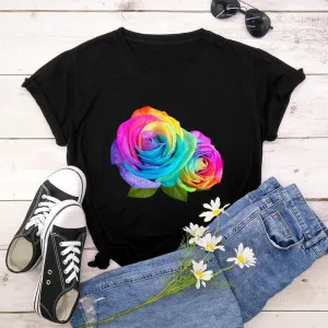 Summer Cotton Women T Shirt 5XL Plus Size Colorful Flower Print Short Sleeve Women Tees Shirt Top Casual O-Neck Female TShirt