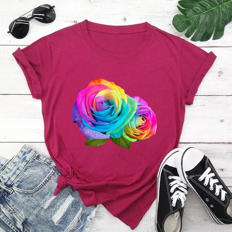 Summer Cotton Women T Shirt 5XL Plus Size Colorful Flower Print Short Sleeve Women Tees Shirt Top Casual O-Neck Female TShirt