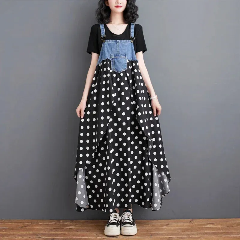 Summer New Elegant Women's Denim Patchwork Chiffon Overalls