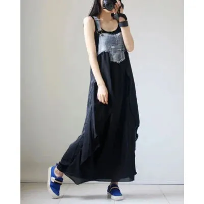 Summer New Elegant Women's Denim Patchwork Chiffon Overalls