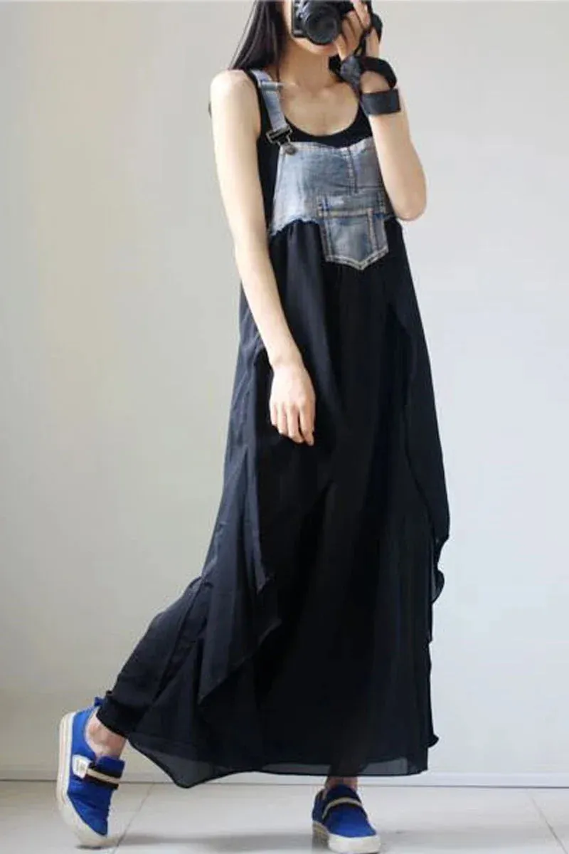 Summer New Elegant Women's Denim Patchwork Chiffon Overalls
