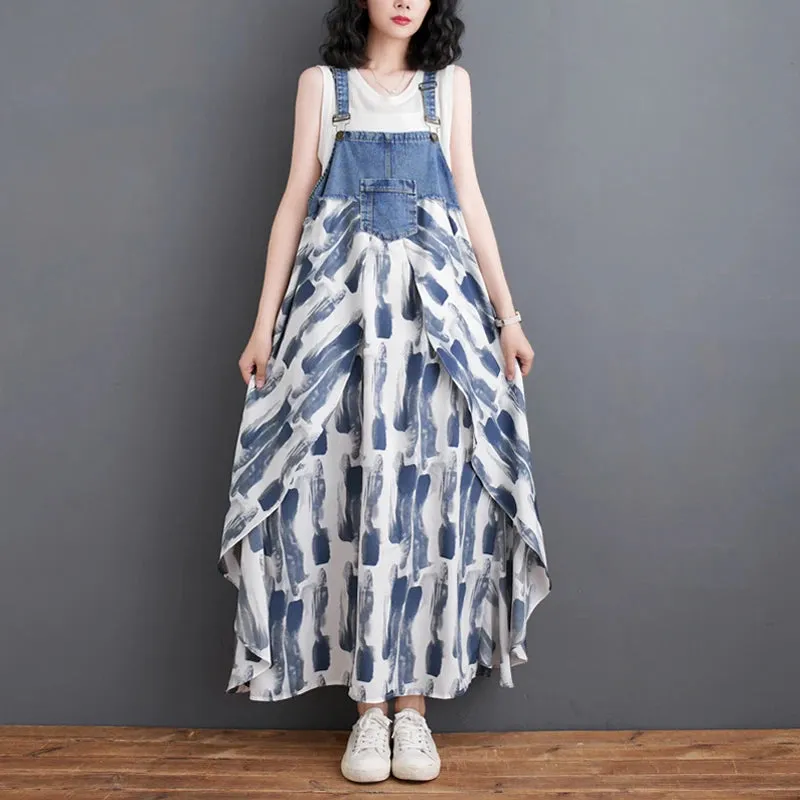 Summer New Elegant Women's Denim Patchwork Chiffon Overalls