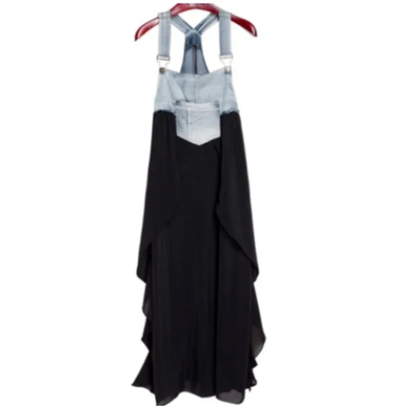 Summer New Elegant Women's Denim Patchwork Chiffon Overalls