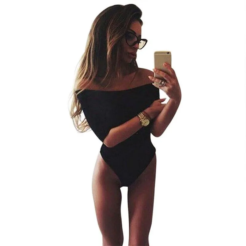 Summer Women Fashion Black White 3/4 Sleeve Tops Sexy Slash Neck Off Shoulder Jumpsuit Bodysuit Clubwear One Piece Jumpsuit