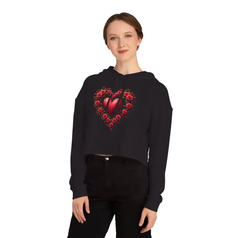 Trendy Womens Cropped Hooded Sweatshirt Floral Hearts