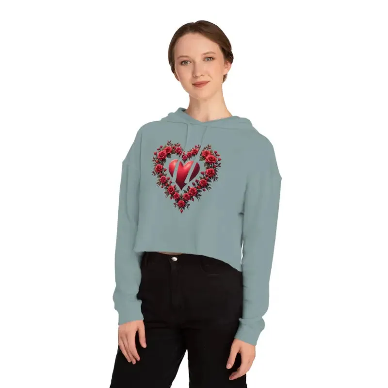 Trendy Womens Cropped Hooded Sweatshirt Floral Hearts