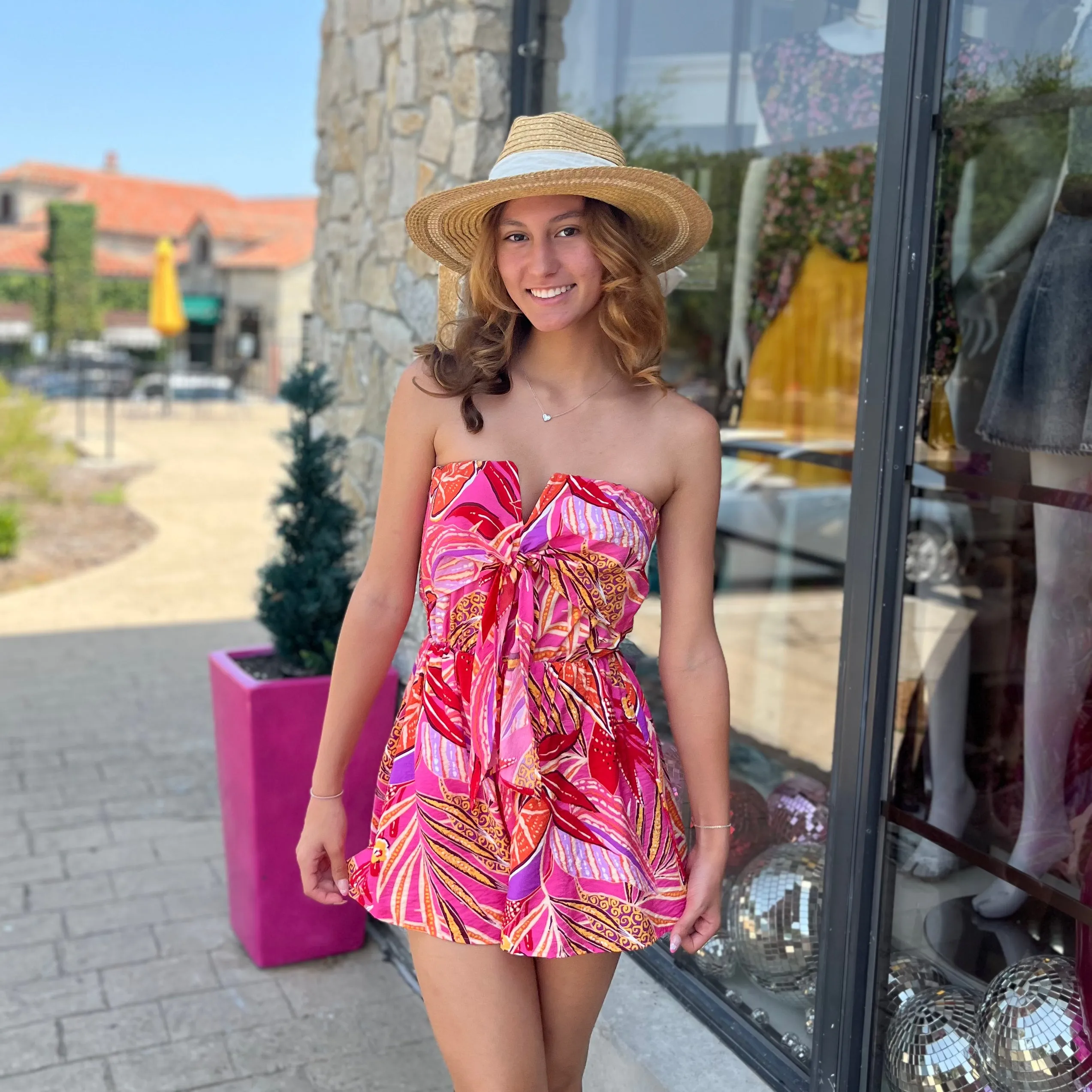 Under the Sun Printed Pink Tie Front Romper