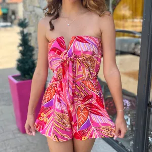 Under the Sun Printed Pink Tie Front Romper
