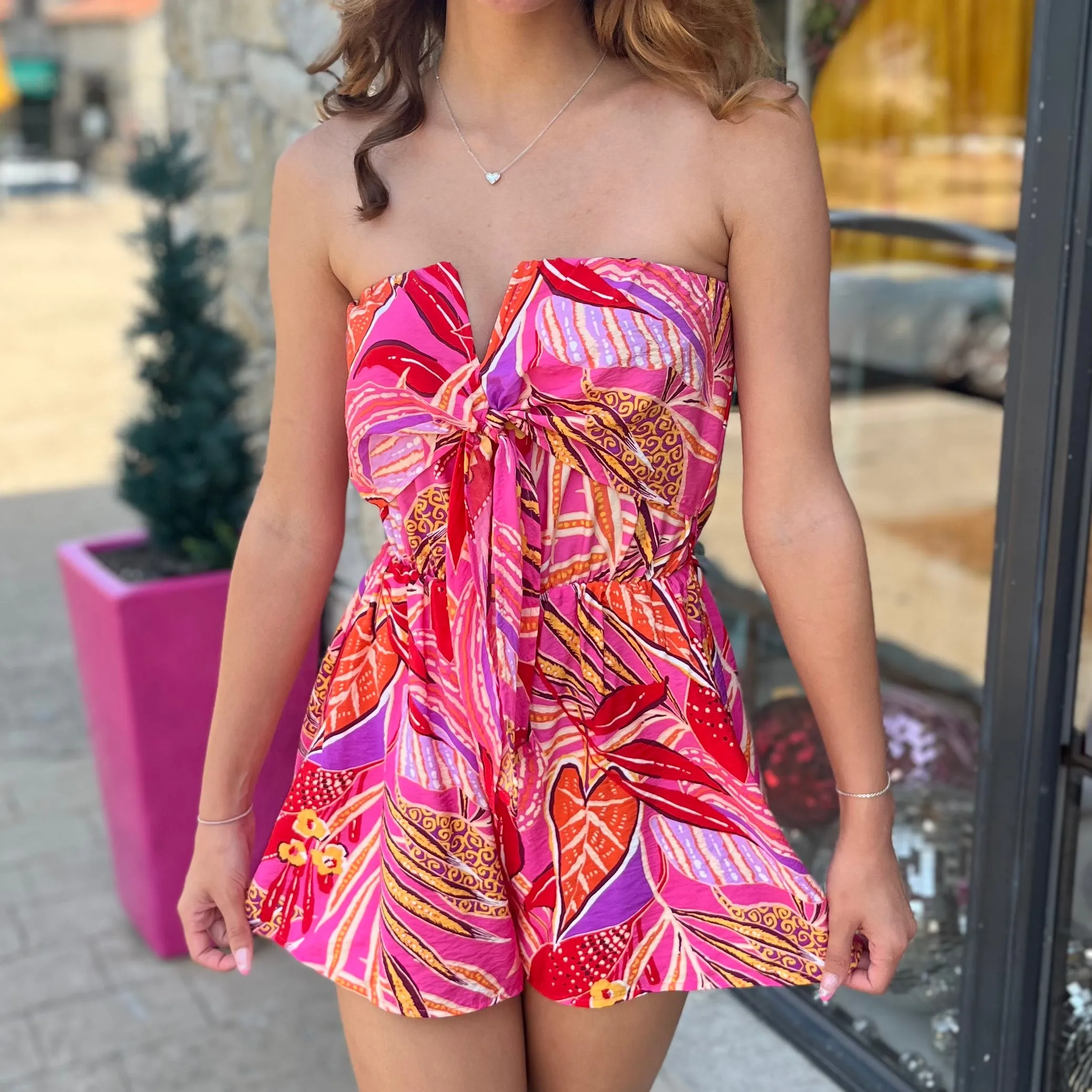 Under the Sun Printed Pink Tie Front Romper