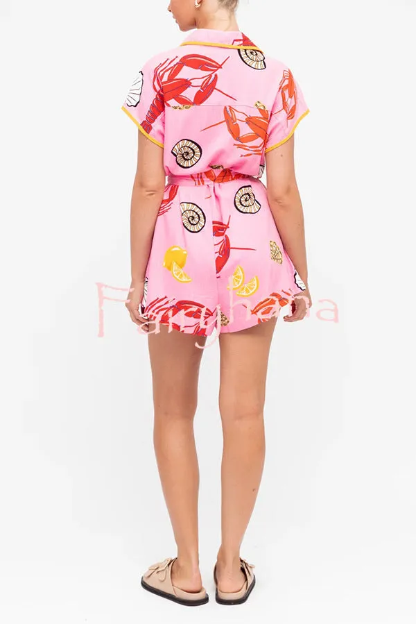Unique Printed Lapel Short-sleeved Waist Tie Pocket Rompers