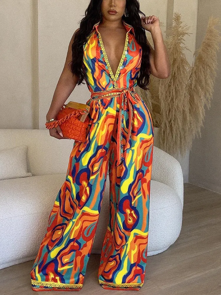 V-Neck Sleeveless Wide Jumpsuit