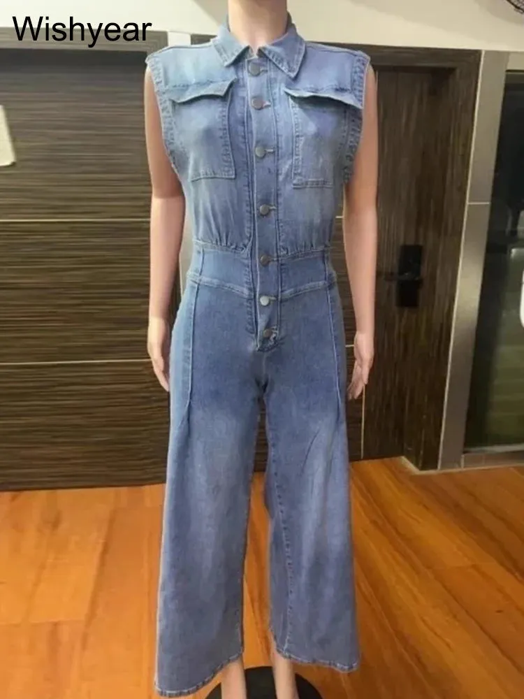 Vintage Loose Denim Wide Leg Pants Jumpsuit