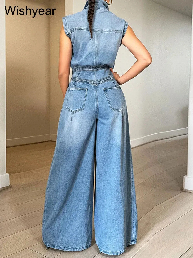 Vintage Loose Denim Wide Leg Pants Jumpsuit