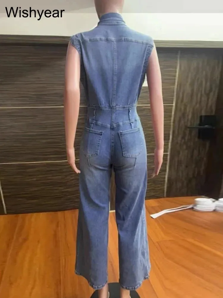 Vintage Loose Denim Wide Leg Pants Jumpsuit
