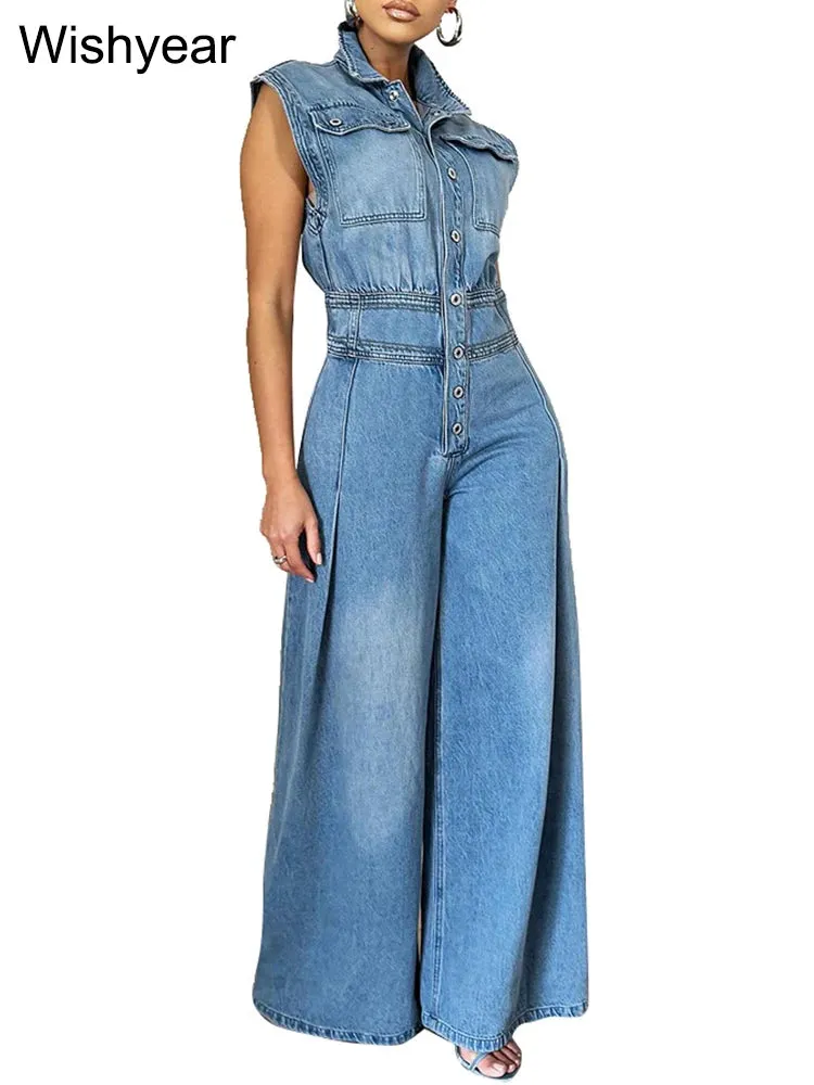Vintage Loose Denim Wide Leg Pants Jumpsuit
