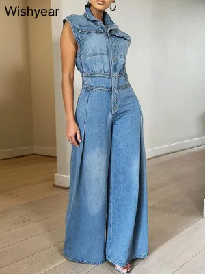 Vintage Loose Denim Wide Leg Pants Jumpsuit