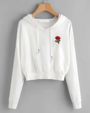 WHITE FLOWER PATCH CROPPED HOODIE FOR womens