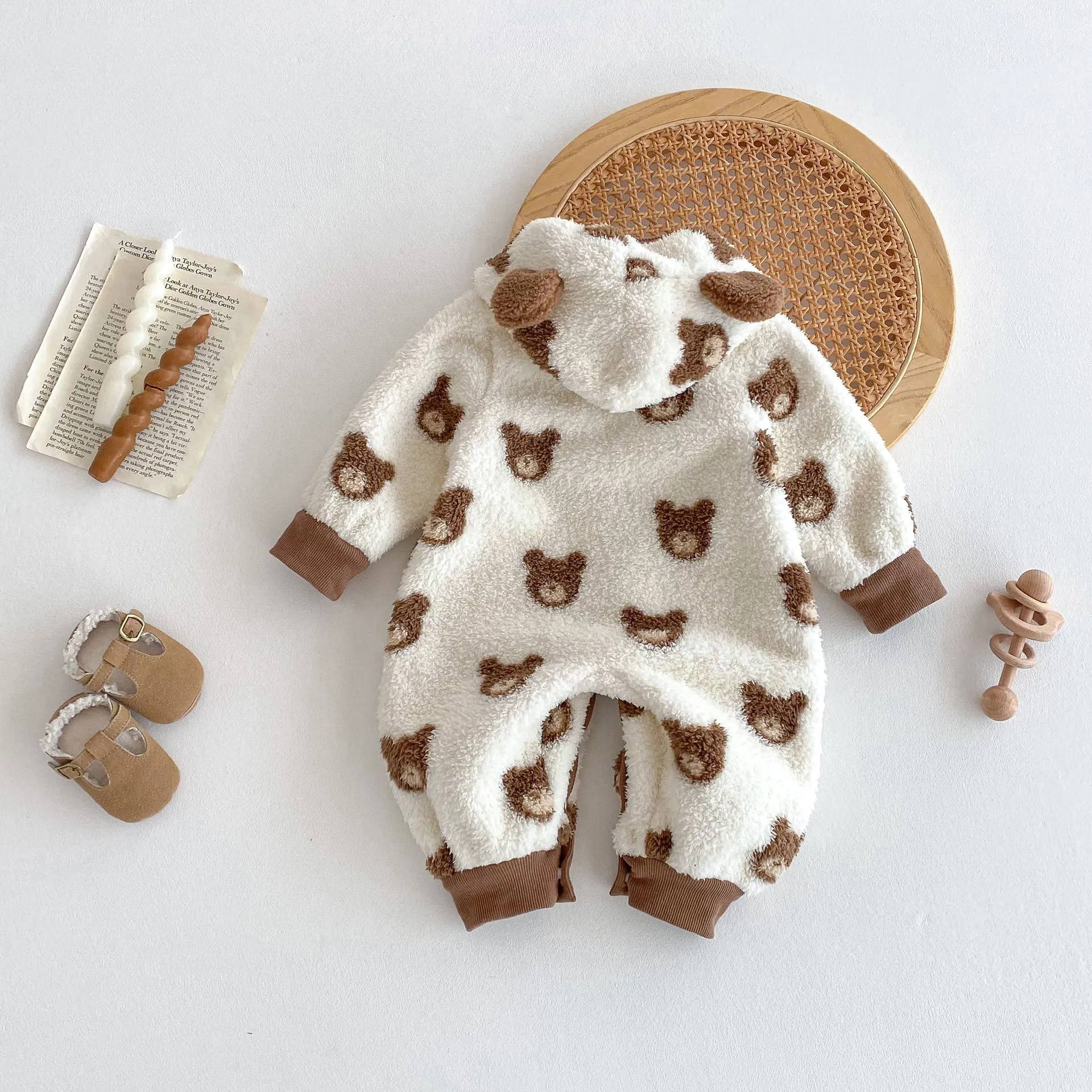 Winter New Arrival Baby Cute Teddy Hooded Design Warm Fleece Rompers