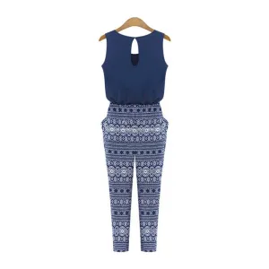 Women Print O-neck Sleeveless Jumpsuit Overalls Fashion Loose Slim Rompers Jumpsuits Playsuits