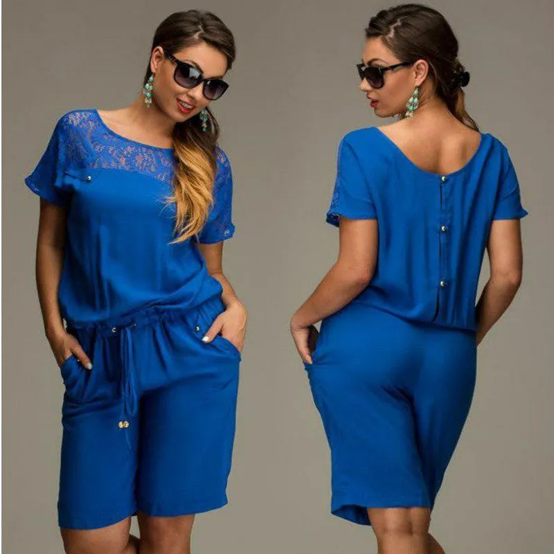 Women Summer Jumpsuits & Rompers L-6XL Plus Size Lace Short Sleeve Buttons Loose Lace Shorts Overalls Female M0233