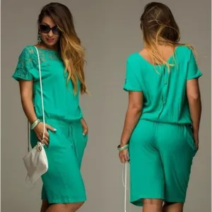 Women Summer Jumpsuits & Rompers L-6XL Plus Size Lace Short Sleeve Buttons Loose Lace Shorts Overalls Female M0233
