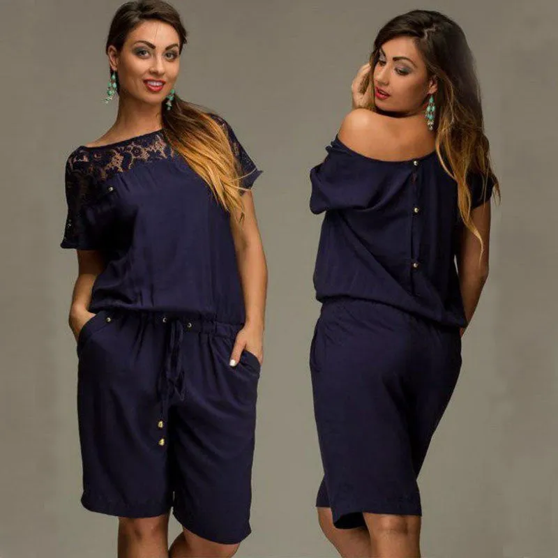 Women Summer Jumpsuits & Rompers L-6XL Plus Size Lace Short Sleeve Buttons Loose Lace Shorts Overalls Female M0233