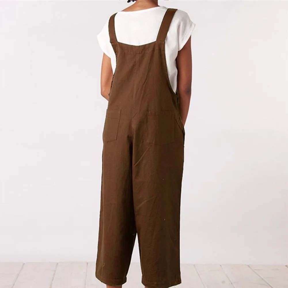 Women's Brown Loose Fitting Capri Length Overalls