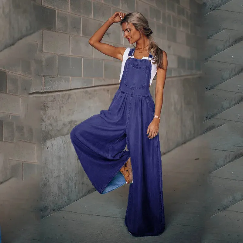 women's daily simple style solid color full length button jeans overalls
