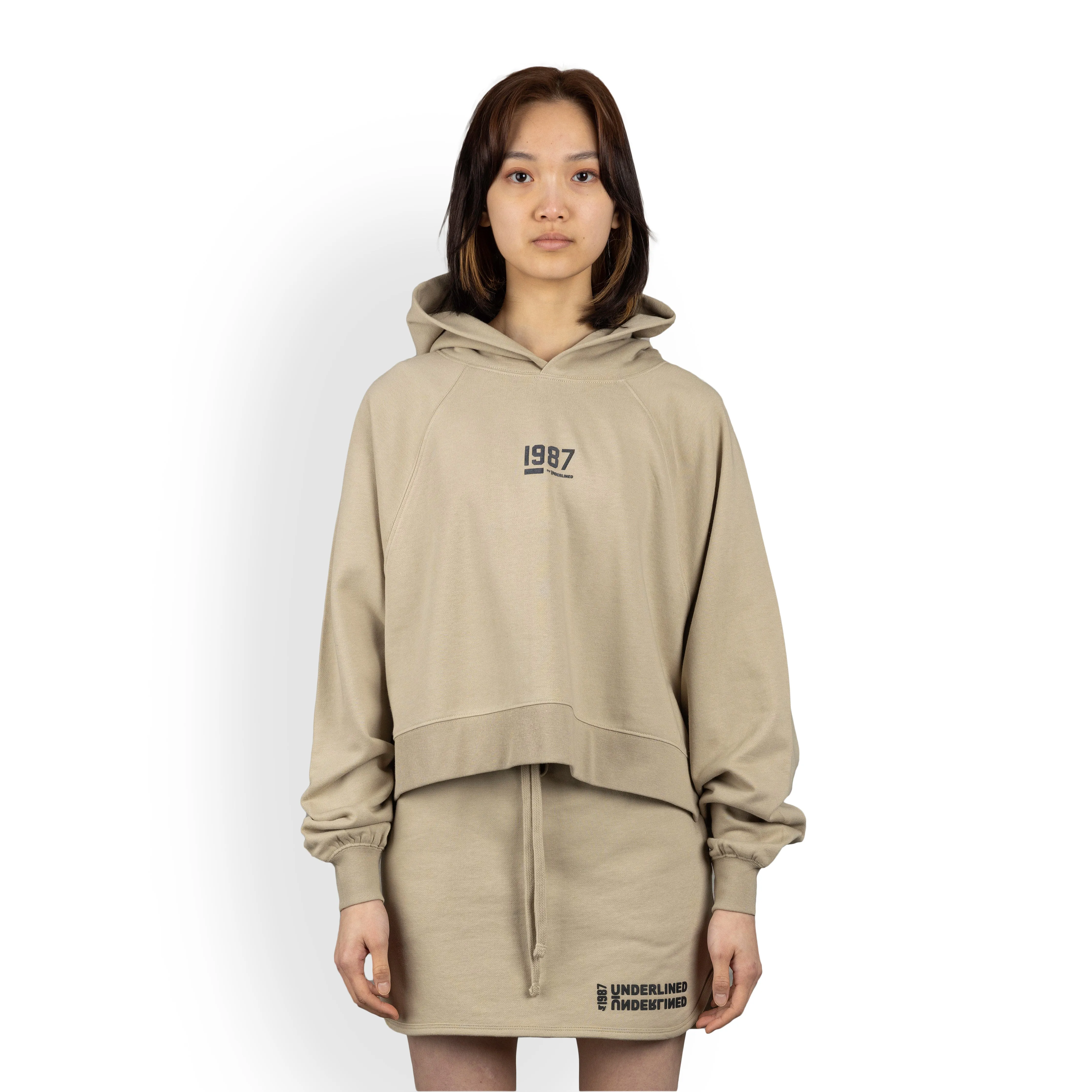 Womens Oversized Raglan Fleece Cropped Hoodie - Oatmeal