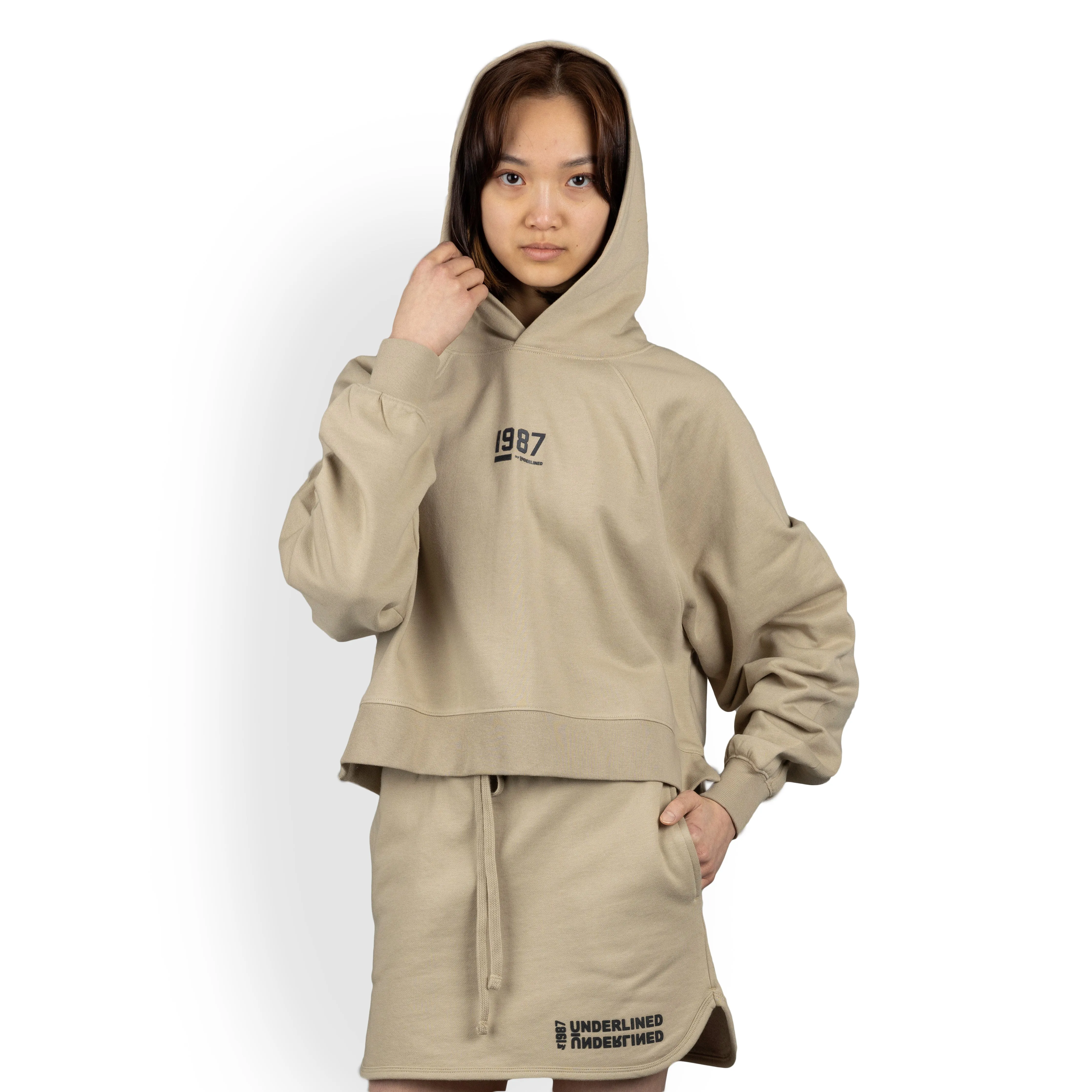 Womens Oversized Raglan Fleece Cropped Hoodie - Oatmeal