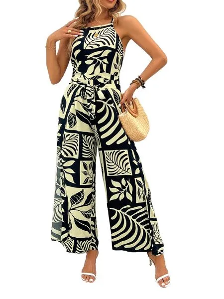 Women's Printed Sleeveless Tie Waist Wide Leg Jumpsuit