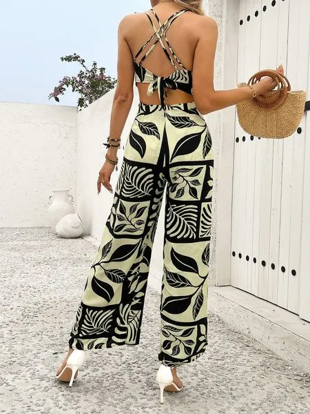 Women's Printed Sleeveless Tie Waist Wide Leg Jumpsuit