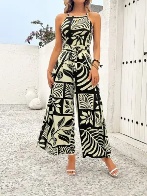 Women's Printed Sleeveless Tie Waist Wide Leg Jumpsuit