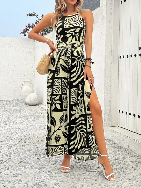 Women's Printed Sleeveless Tie Waist Wide Leg Jumpsuit