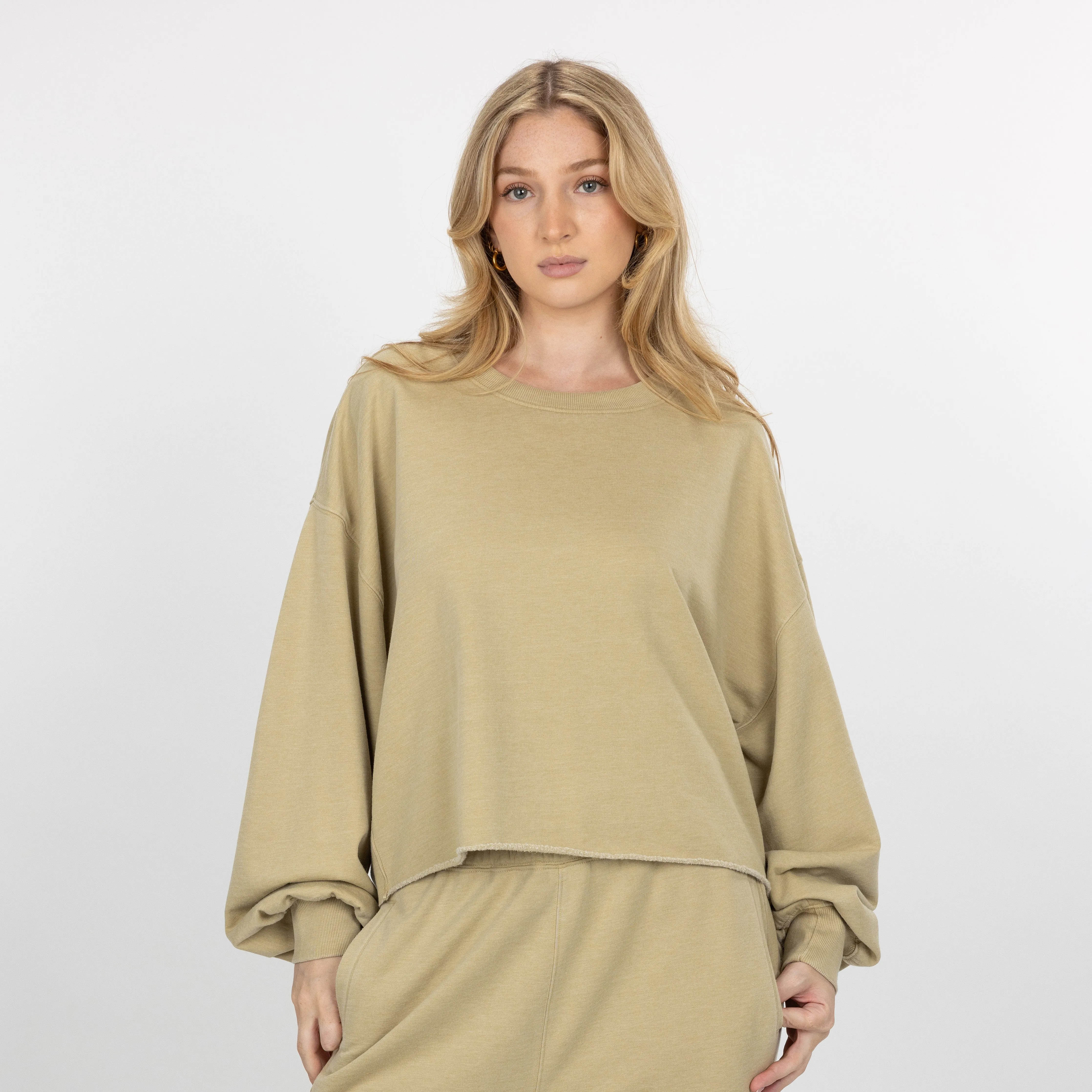 Womens Washed Crew Neck Cropped Top - Pale Khaki