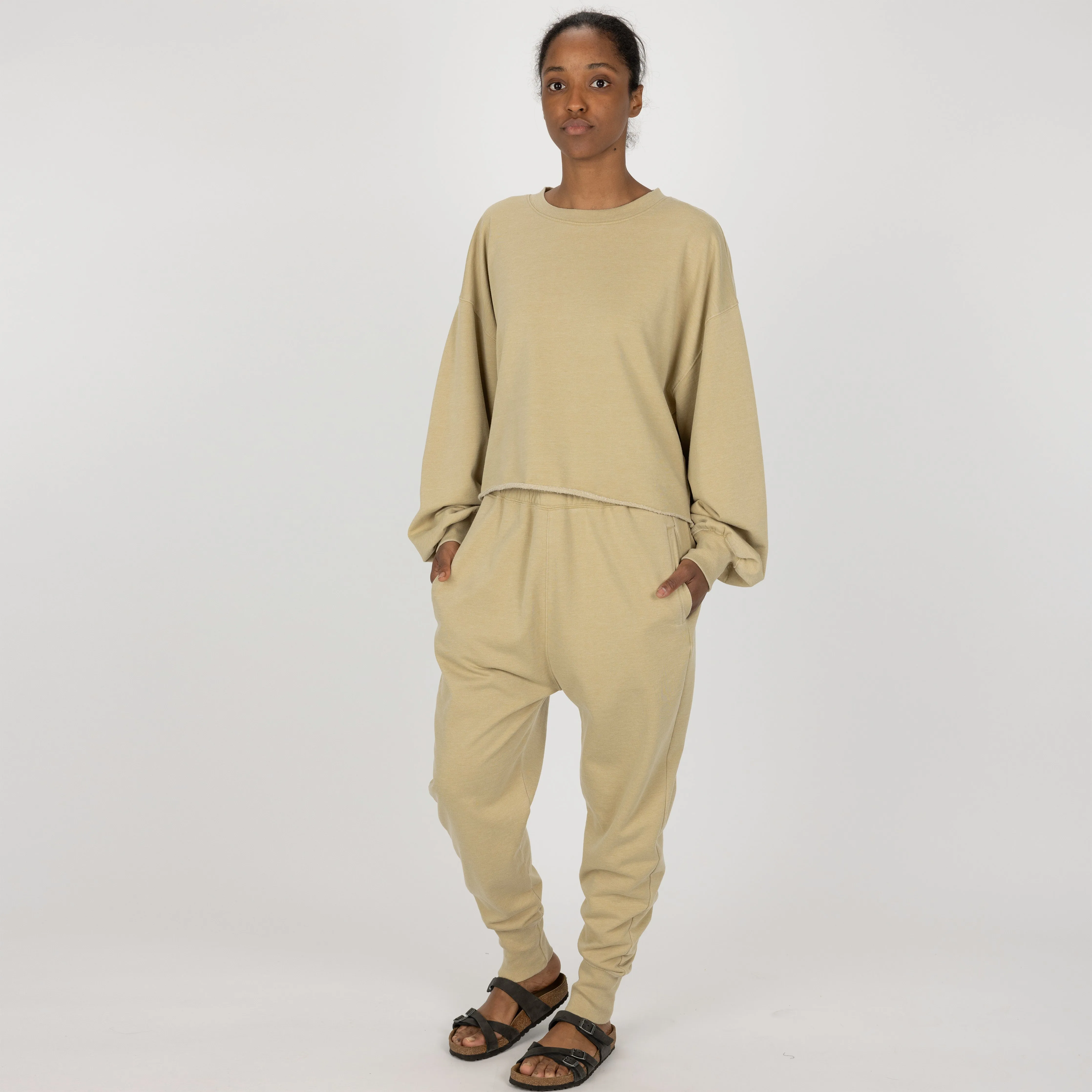 Womens Washed Crew Neck Cropped Top - Pale Khaki