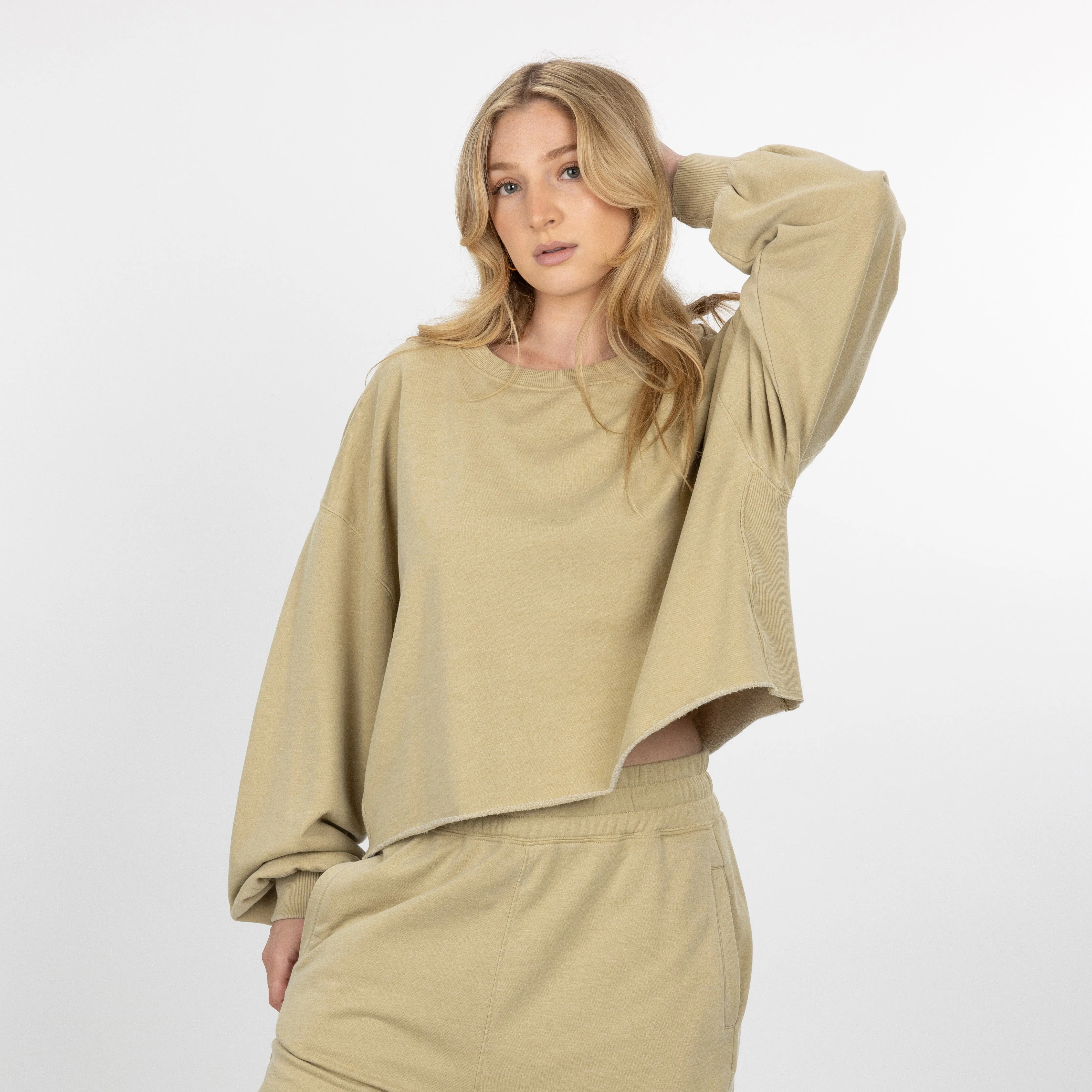 Womens Washed Crew Neck Cropped Top - Pale Khaki