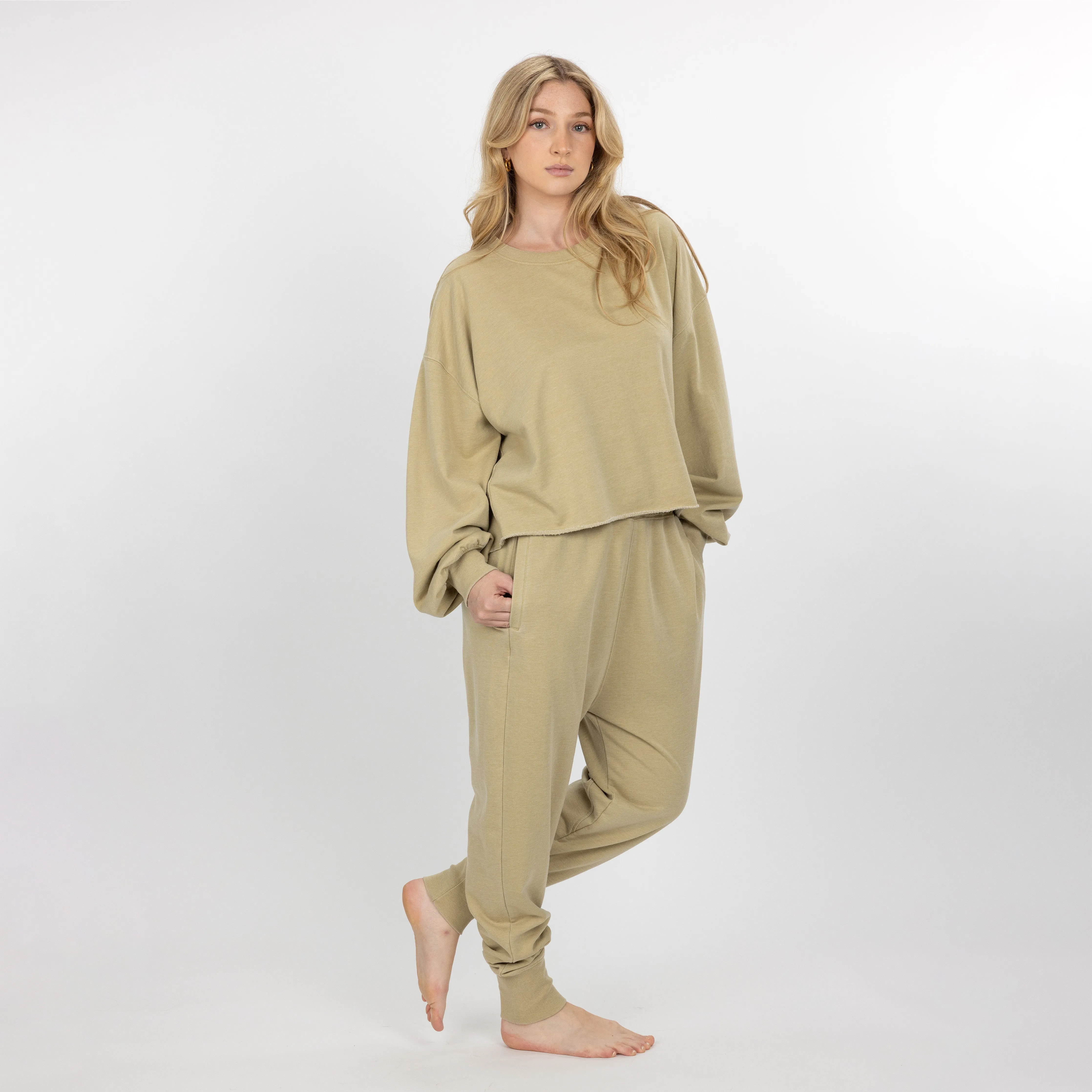 Womens Washed Crew Neck Cropped Top - Pale Khaki