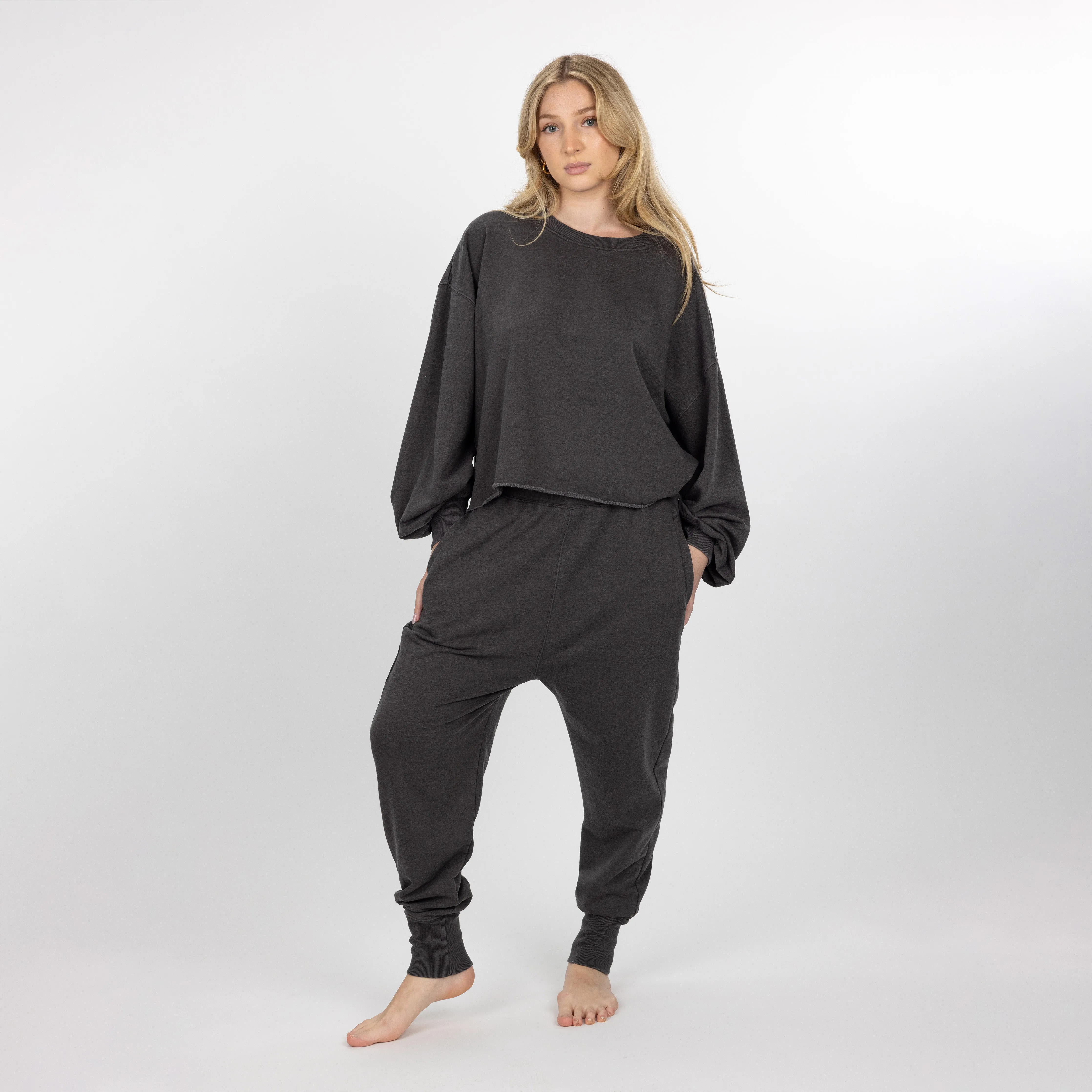 Womens Washed Crew Neck Cropped Top - Pirate Black