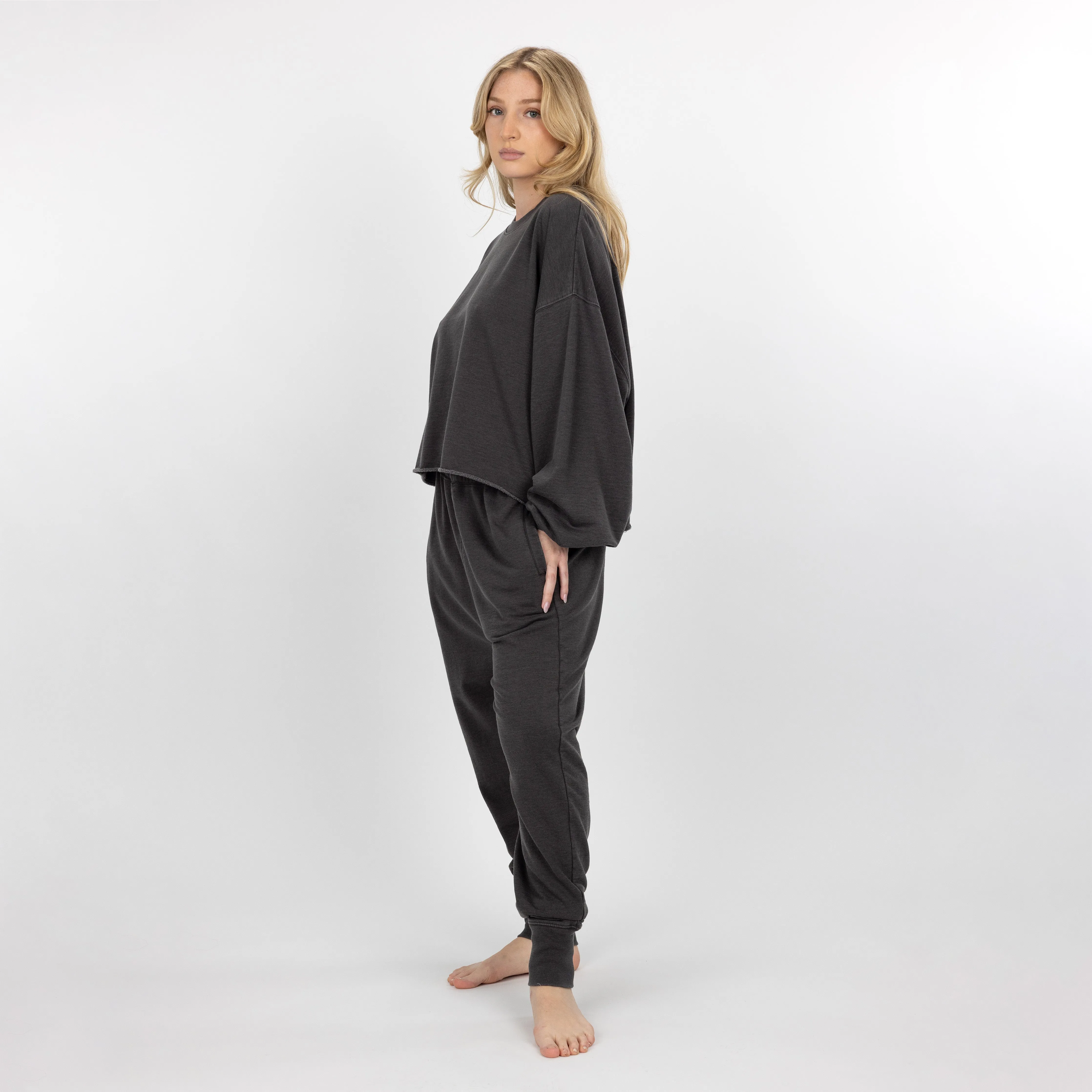 Womens Washed Crew Neck Cropped Top - Pirate Black