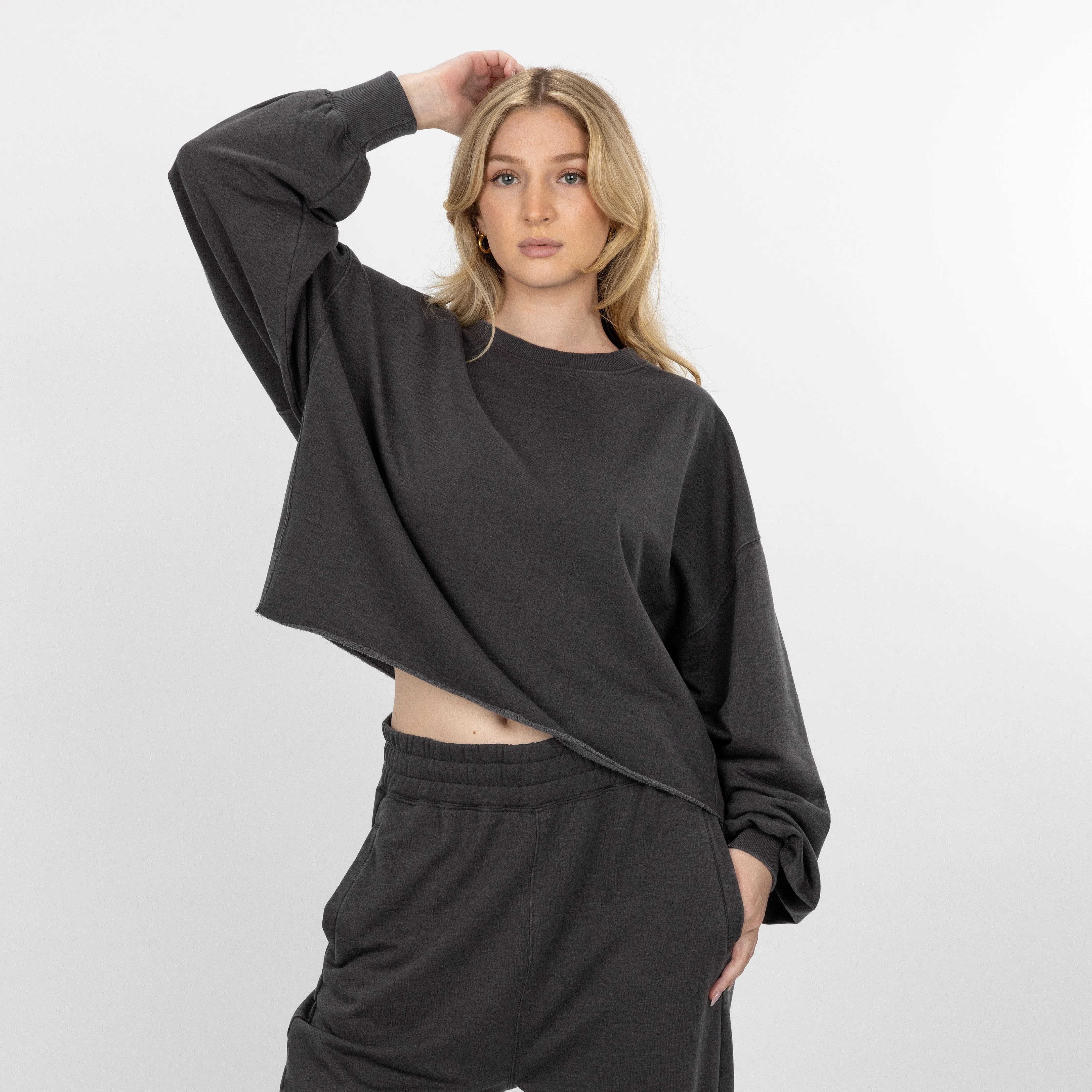 Womens Washed Crew Neck Cropped Top - Pirate Black