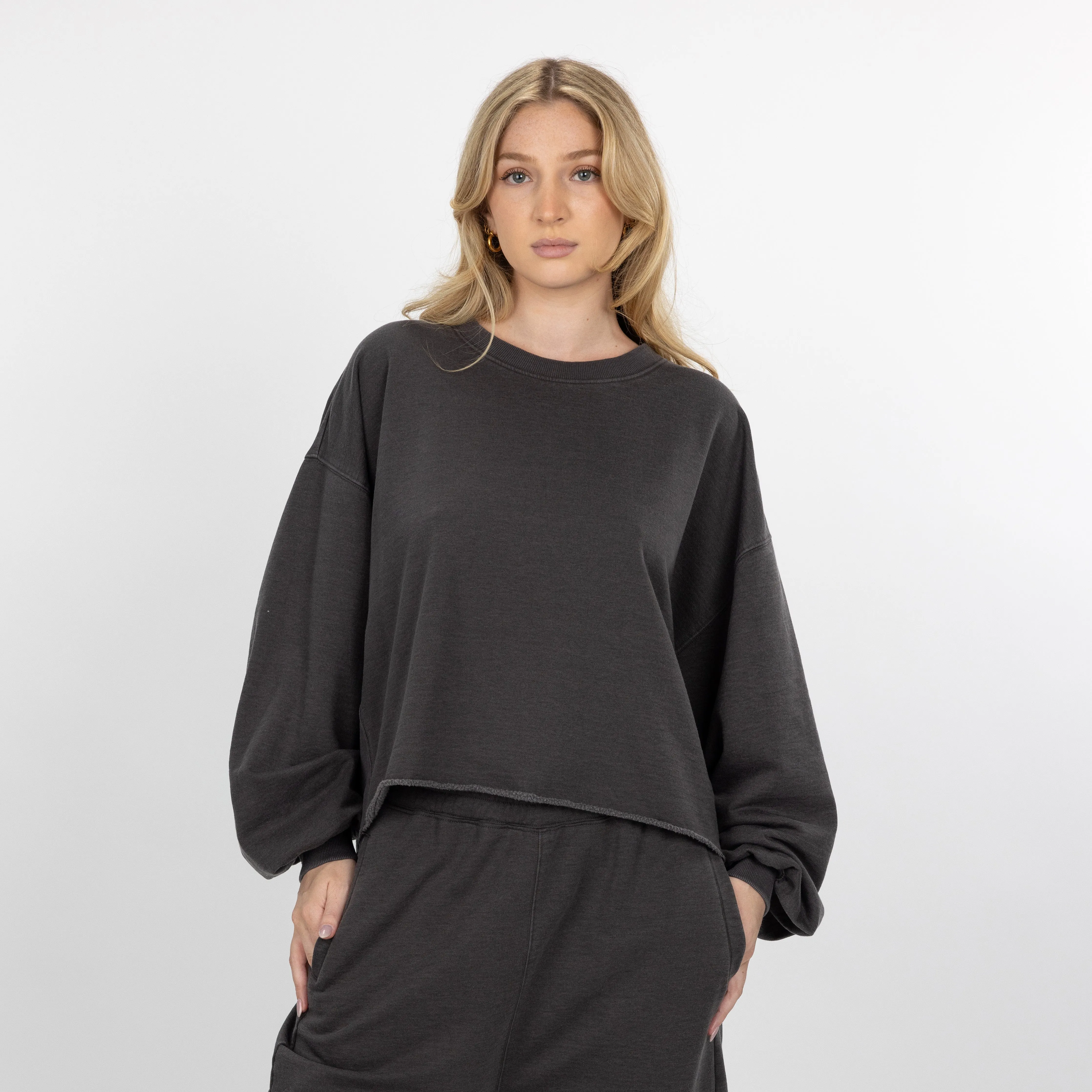 Womens Washed Crew Neck Cropped Top - Pirate Black