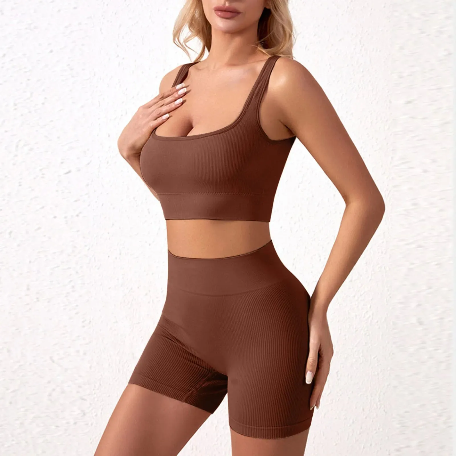 Women'S Workout Sets Ribbed Tank 2 Piece Seamless High Waist Gym Outfit Yoga Shorts Sets Mat Yoga Clothes Set Soft Wear