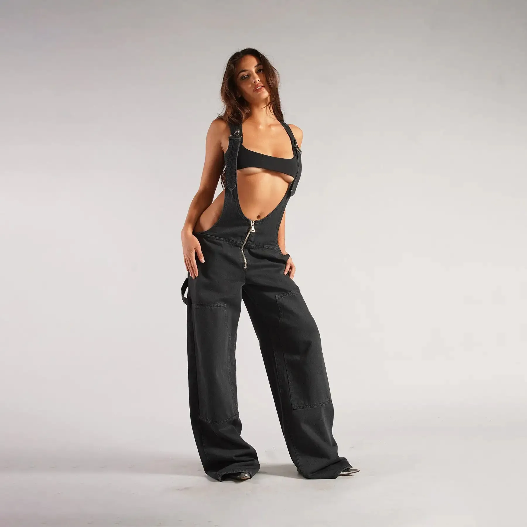 Y2K Zipper Denim Overalls With Pockets Fashion Loose Suspender Jumpsuit Streetwear Jeans Pants Womens Clothing