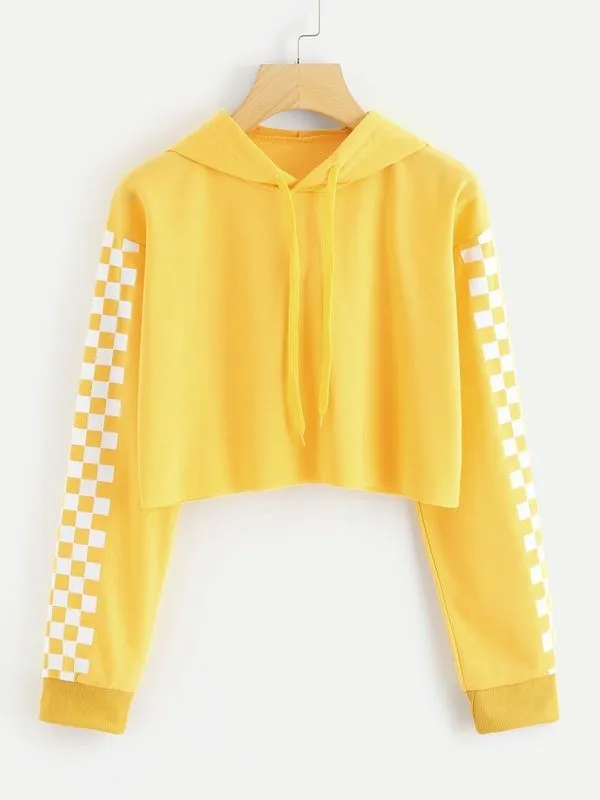 Yellow Checkered Fleece Full Sleeves Cropped Hoodie For Women