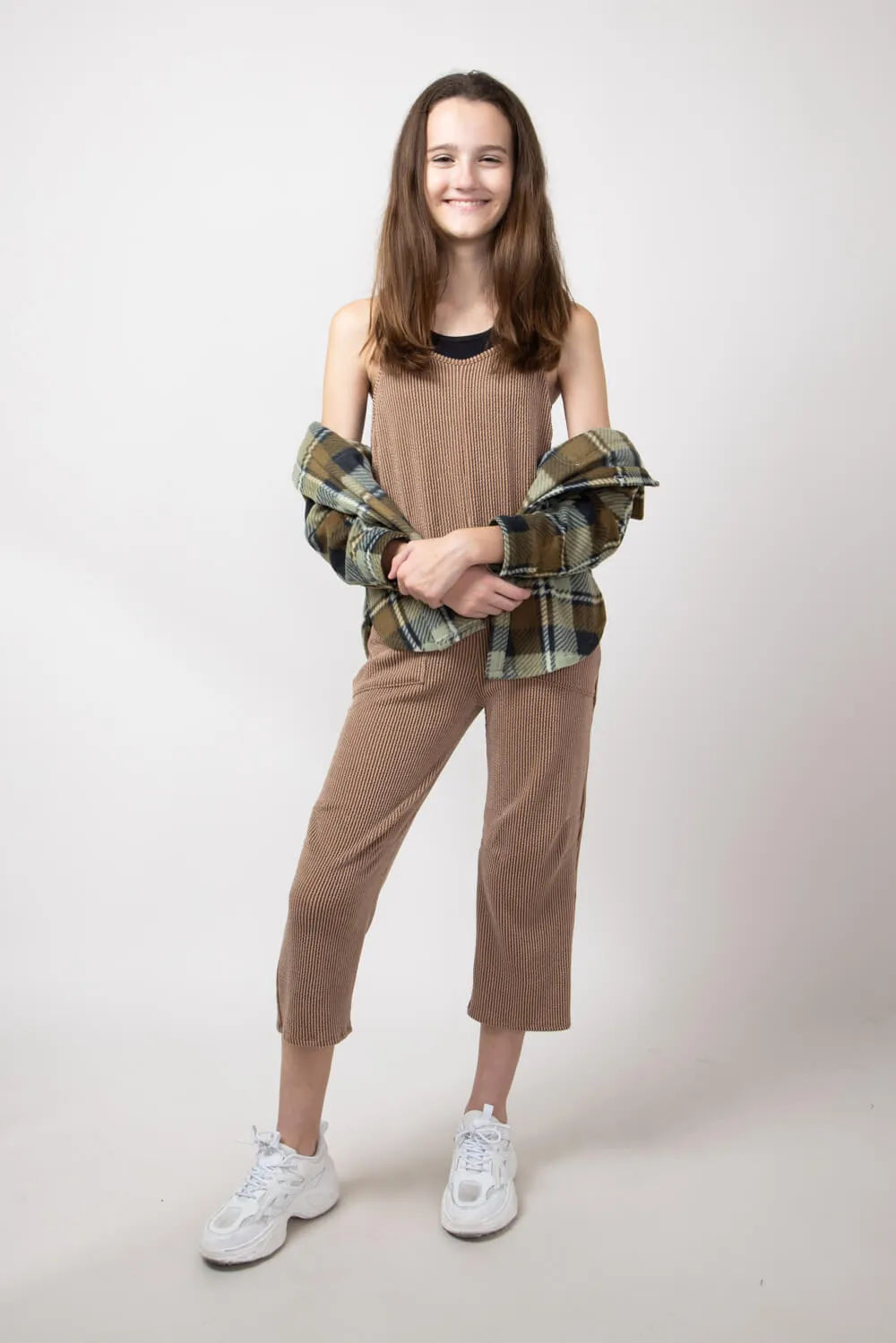 Youth Urban Ribbed Onesie with Pockets for Girls in Chestnut Brown | MDB952G-URB-BROWN